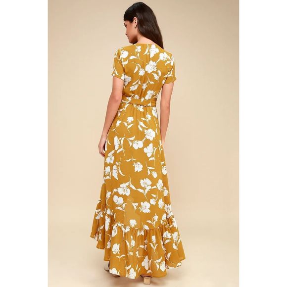Lulus Dresses & Skirts - Draft Listing Lulu's Vineyard Vacation Dark Yellow Floral Print High-Low Wrap Dr